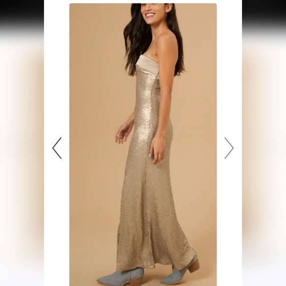 ALTAR’D STATE Champagne Sequin Strapless Maxi Dress Slit NWT Size S - Picture 3 of 16